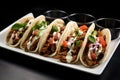 three gyros lined up on a black ceramic plate Royalty Free Stock Photo