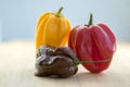 Three habanero very hot chili peppers, ripened capsicum chinenses on wooden table Royalty Free Stock Photo