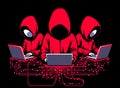 Three hackers without face. Concept of red hat, hacker group, organization or association