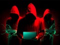 Three hackers without face. Concept of red hat, hacker group, organization or association