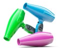 Three hair dryers of different colors on a white background 3D Royalty Free Stock Photo