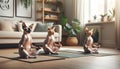 Three hairless cats practicing mindfulness yoga in a cozy modern living space. Generative AI