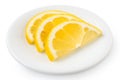 Three half slices of fresh lemon on white plate