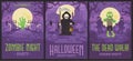 Three Halloween posters with graveyard scenes. Halloween flyers with zombies and Grim Reaper