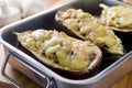 Baked gratin aubergines stuffed with vegetables and mushrooms