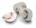 Three halves of champignon mushrooms isolated on white with shadow