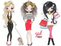 Three hand drawn beautiful cute fashion girls power shopping. with little dog. Royalty Free Stock Photo