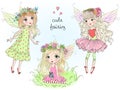 Three beautiful cute little fairies girls with butterfly wings. Vector illustration. Royalty Free Stock Photo