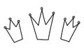 Three hand drawn crown icon for Three Kings Day, Epiphany feast day. Vector illustration in black outline isolated on Royalty Free Stock Photo