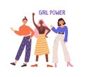 Three hand drawn diverse woman waving hand standing together vector flat illustration. Group of female friends Royalty Free Stock Photo