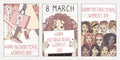 Three hand drawn postcards for international women`s day