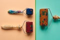 Three hand massager with red, orange and blue drums, metal needles lie on a yellow-green surface. top view. Advertising, thematic