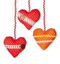 Three Handmade hearts with polka dots ribbons buttons