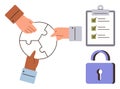 Team collaboration with puzzle pieces, checklist, and lock representing security and organization Royalty Free Stock Photo