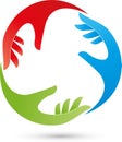 Three hands in color, team and hands logo