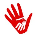 Three hands on hands, charity icon, organization of volunteers, family community - vector