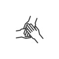 Three hands hold together line icon