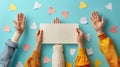 Three hands holding a blank white card surrounded by colorful hearts on a light blue background Royalty Free Stock Photo