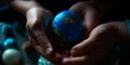 Three hands holding a little globe. Earth care and protection concept. Close up. Generative AI Royalty Free Stock Photo