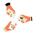 Three Hands Holding Smartphones In Flat Vector Illustration Symbolizing Digital Interaction, Social Media Usage, And