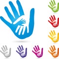 Three hands together, hands and family logo