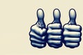 Three hands together showing a thumbs up. Space for text. Royalty Free Stock Photo