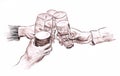 Three hands with wineglasses befor drinking closeup - drawn pastel pencil graphic artistic illustration on paper Royalty Free Stock Photo