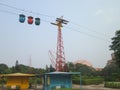 Three hanging cable car on the sky