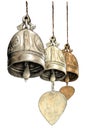 Three hanging metal bells in Buddhist temple