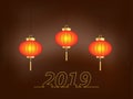 Chinese traditional red lanterns isolated on dark background, figures 2019 .Vector illustration Royalty Free Stock Photo