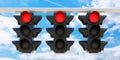 Three hanging Traffic Red Light, stoplight, red stop signal on cloudy sky background. 3d render