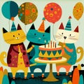 Three happy cats with birthday cake, candles hat and spotted balloons