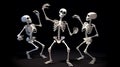 Three happy dancing white skeletons isolated on a black background