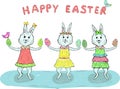 Three happy easter rabbits girl with eggs and two colored birds Royalty Free Stock Photo