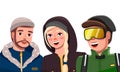 Bearded guy in hat and warm jacket, smiling woman with braid wearing hood, man in snowboard goggles