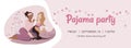 Three happy girls of diverse race in pink nightwear sitting on the carpet. Pajama party horizontal banner template. Royalty Free Stock Photo