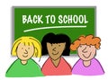 Three happy girls in front of a blackboard saying Back To School. Illustration isolated