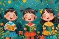 Three happy girls sharing the joy of singing in a choir while holding books Royalty Free Stock Photo