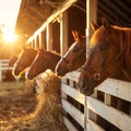 Three Happy Horses with Ears Forward Looking Out of Their Stalls in Beautiful Modern Stable. Equestrian Barn Life Theme. Royalty Free Stock Photo