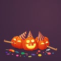 Three happy pumpkins in party hats with party blowouts and multicolored sweets. Royalty Free Stock Photo