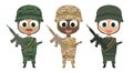 Three happy smiling cartoon soldiers