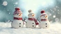 Three happy snowmen in knitted hats and scarves against a snowy background and beautiful bokeh. Family.Merry christmas and happy