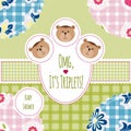 Three happy triplets. Baby arrival announcement card. Triplets baby girls and boys shower card, cute newborn. Teddy bears, kid sty