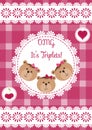 Three happy triplets. Baby arrival announcement card. Triplets baby girls shower card, cute newborn. Teddy bears, kid style