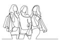 Three happy women shopping - continuous line drawing