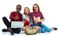 Three happy young teenager students with thumbs up isolated on w Royalty Free Stock Photo