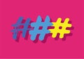 Three hashtags on a bright pink background