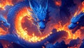 Three headed blue dragon with sharp teeth and glowing orange eyes surrounded by flames Royalty Free Stock Photo
