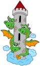 Three headed dragon with tower