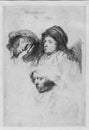 Three heads of women, One sleeping, Rembrandt van Rijn